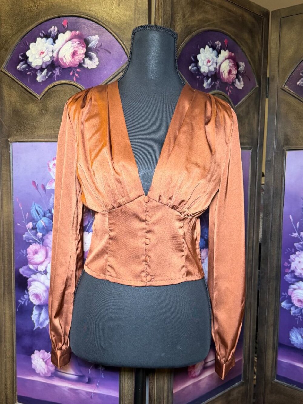 Triple Seven M Brown Satin Corset Blouse Deep V Button Front Long Sleeve Top